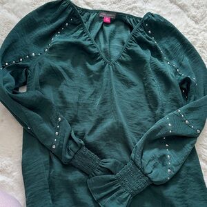 Vince Camuto Teal V-Neck Long Sleeve Blouse with Silver Studs